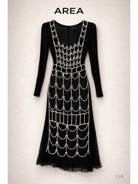 AREA NYC Pearl Cup Chain Embellished Long Sleeve Midi Dress Size 4 NWT Black